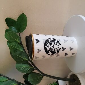 🔥RARE STARBUCKS BLACK HEARTS TRAVEL CERAMIC TUMBLER MUG CUP COFFEE W LID 2014